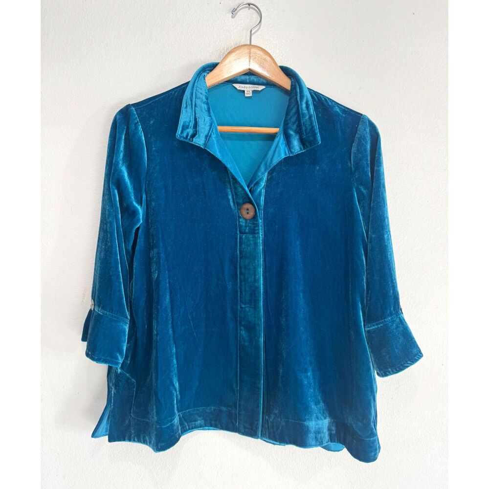 John Mark velvet button up shirt festive bohemian blue staple casual women SpNew
